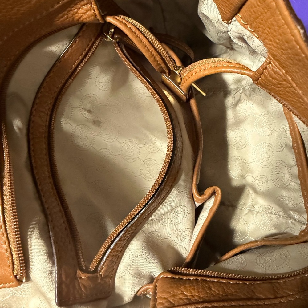 Michael Kors Cognac Leather Shoulder Bag with Gold MK Charm - Picture 6 of 10